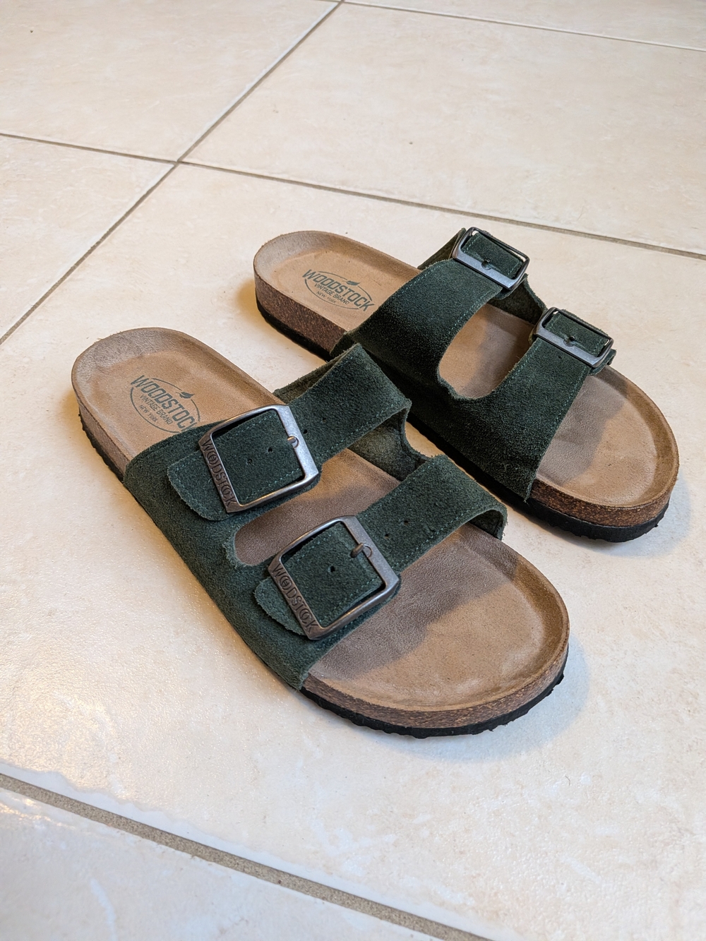 Woodstock Men's Green Suede Double-Buckle Slide Sandals